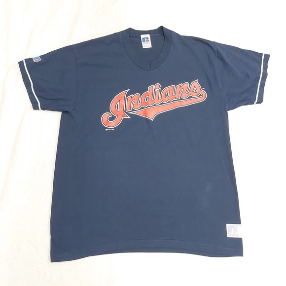 Vtg 90s Russell Athletic Cleveland Indians Navy Blue V-Neck T-Shirt Size Large - Picture 1 of 9